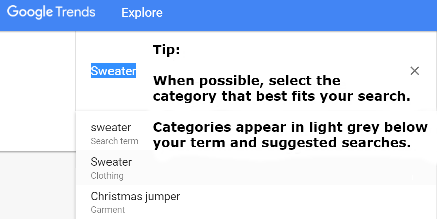 Choose categories in google trends properly