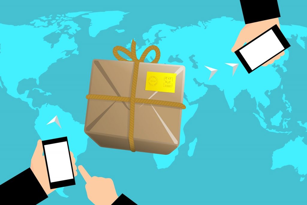 An illustration of a package being sent from one person to another.